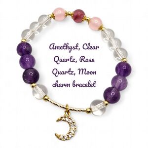 8 mm Amethyst, Clear Quartz, Rose Quartz bracelet with Moon charm